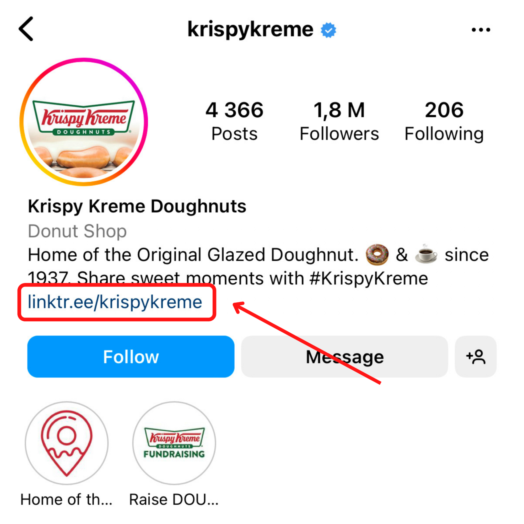 Screenshot that is showing a link in bio on Krispy Kreme Doughnuts Instagram page 