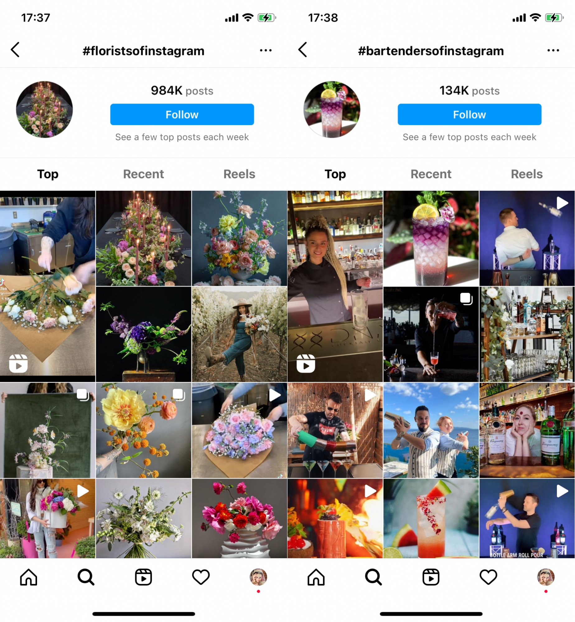 Screenshot of searching by hashtags #bartendersofinstagram and #floristsofinstagram