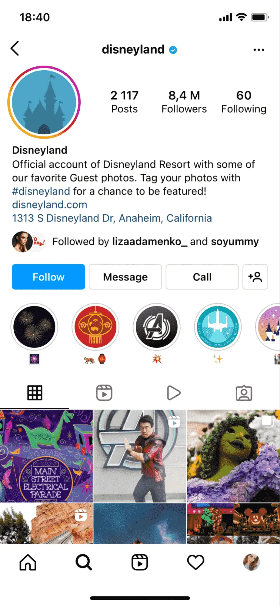 Screenshot shows that Disneyland includes its trademarked hashtag in the bio