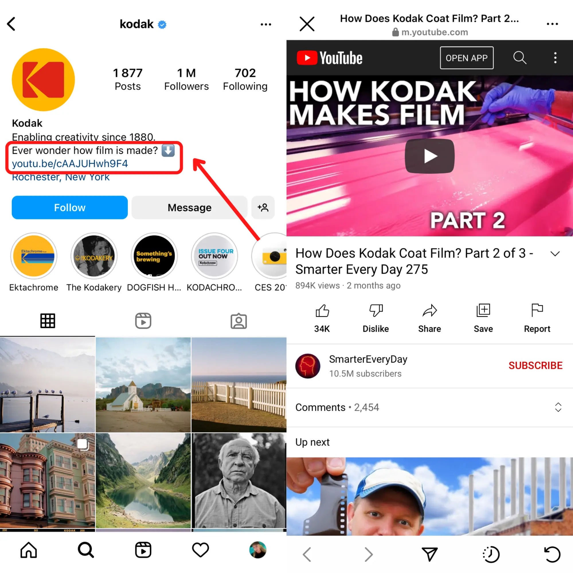 Screenshot of instagram page of Kodak and their link in bio 