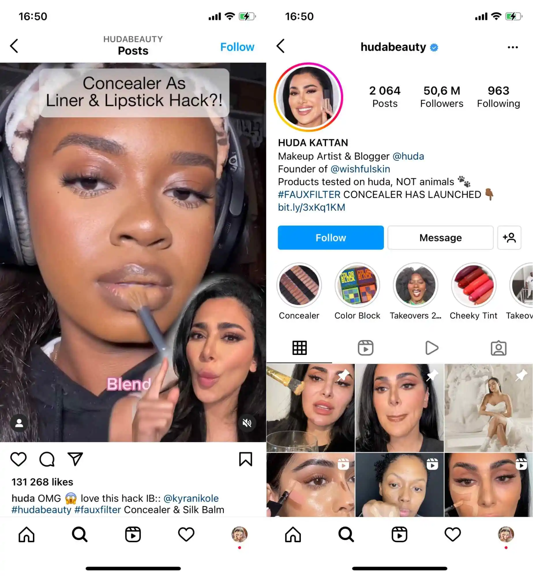 Instagram page of Huda Beauty