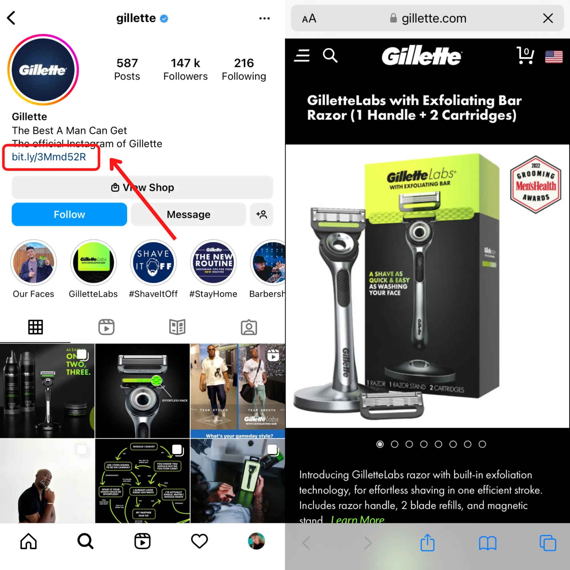 Screenshot of instagram page of Gillette and their link in bio 