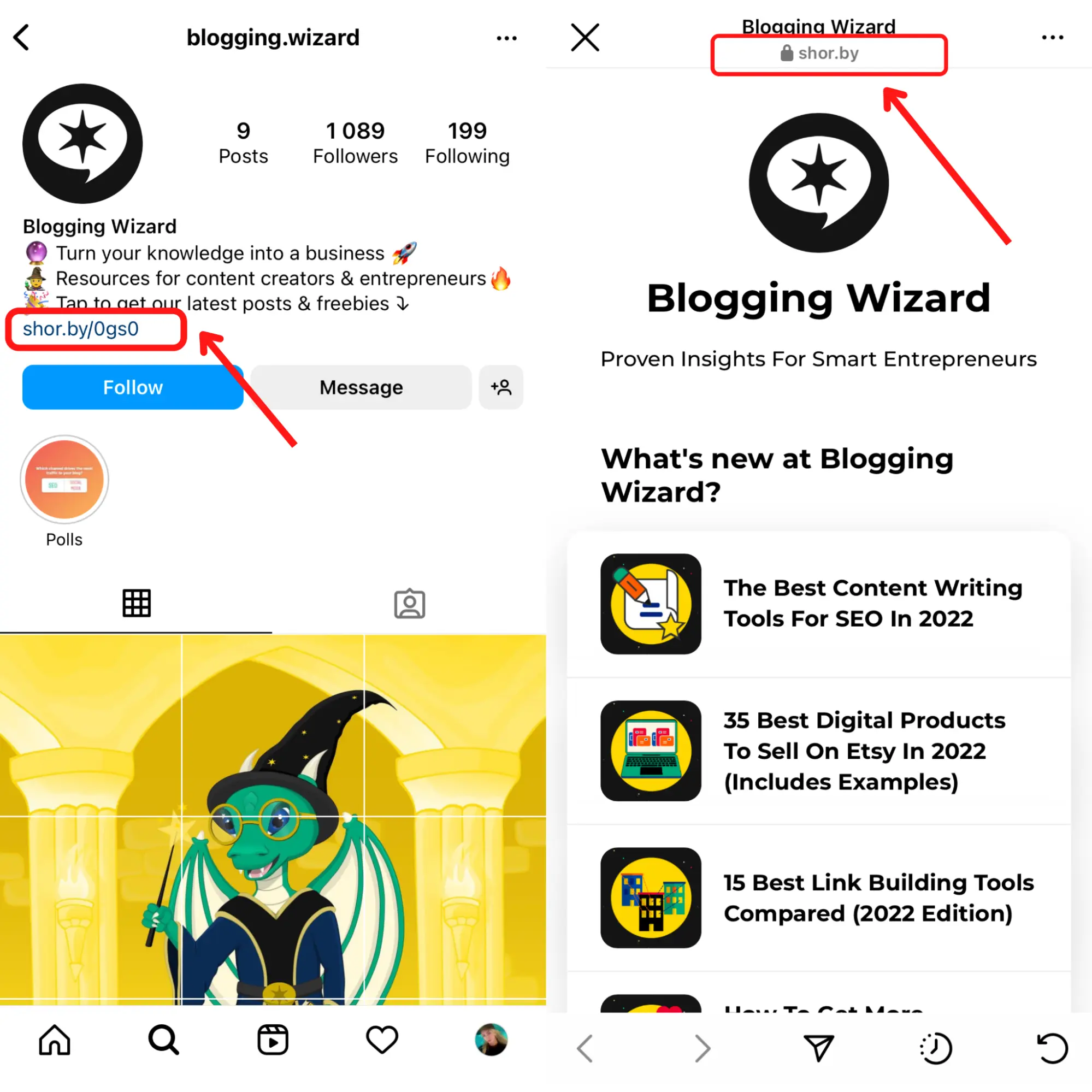 Screenshot of instagram page of Blogging Wizard and their link in bio 