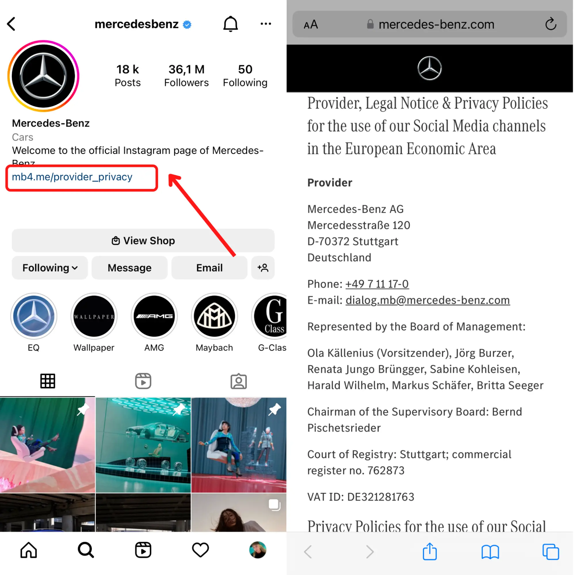 Screenshot of instagram page of Mercedes Benz and their link in bio 