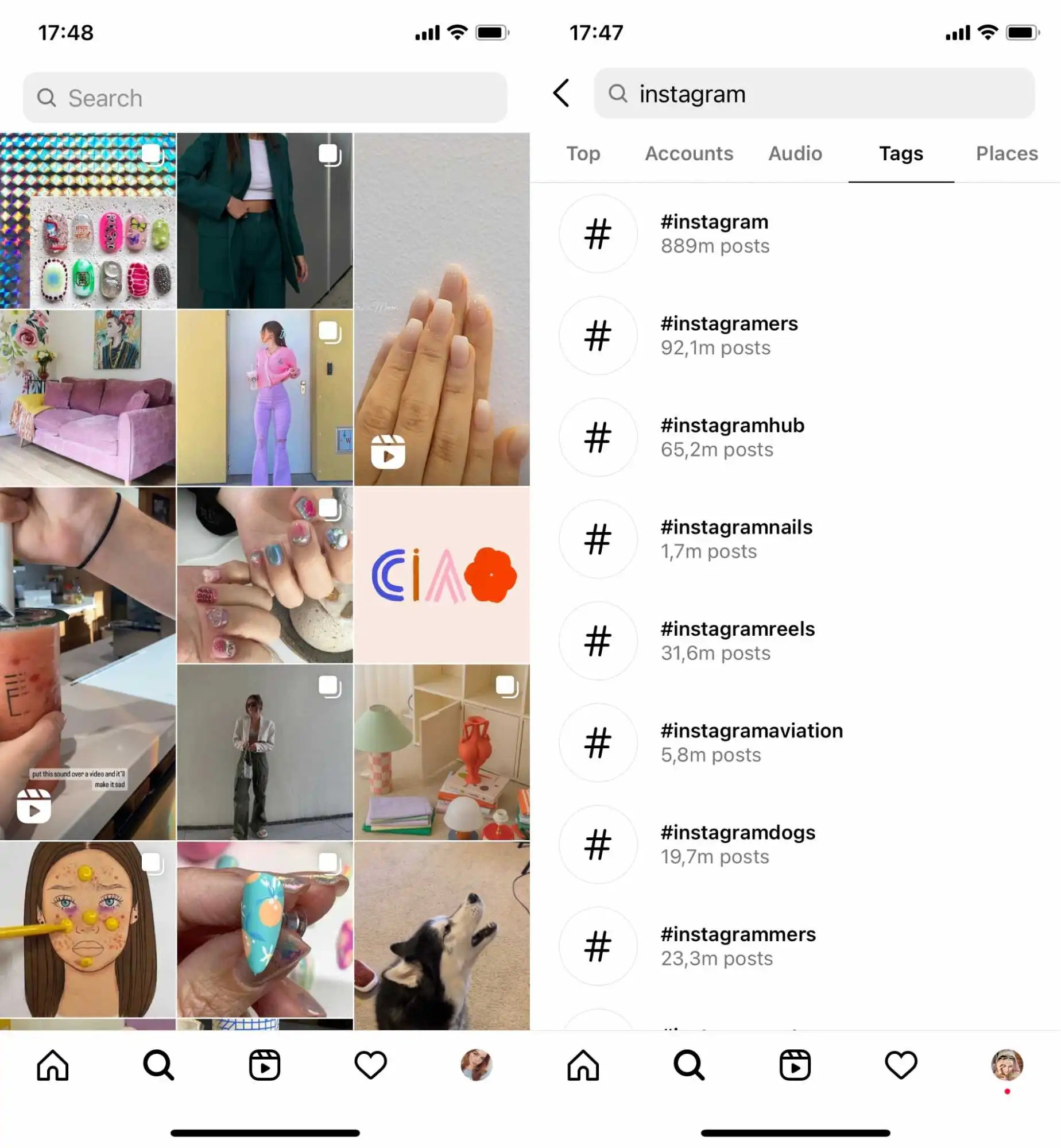 Screenshot is showing how find hashtags by searching on Instagram