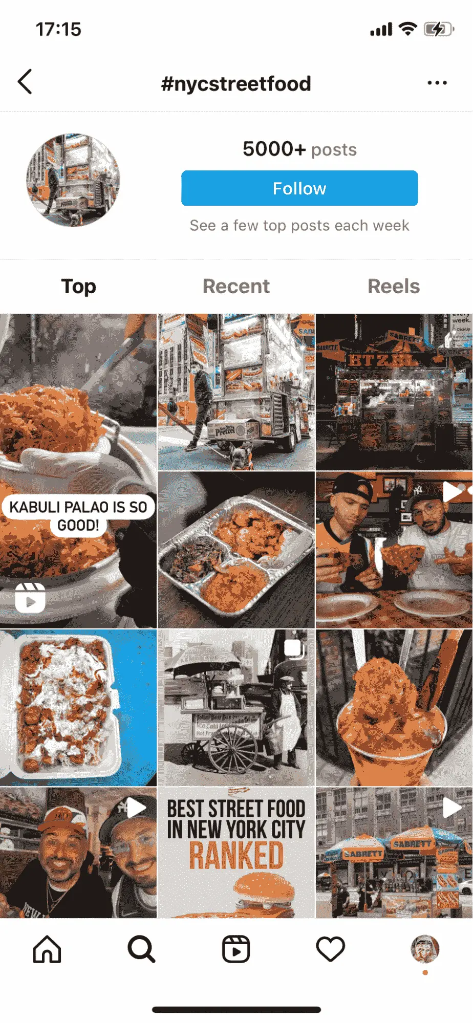 Screenshot of searching by a hashtag #nycstreetfood