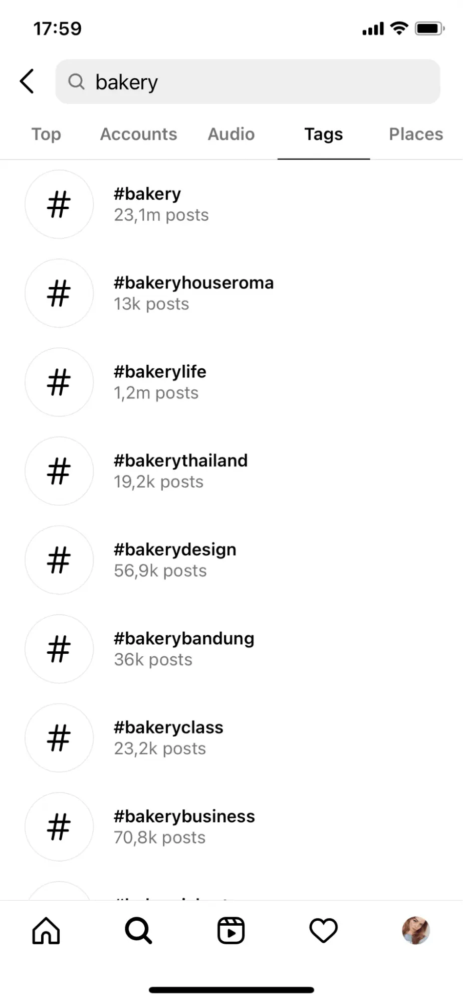 screenshot showing related Instagram hashtags for a particular hashtag search