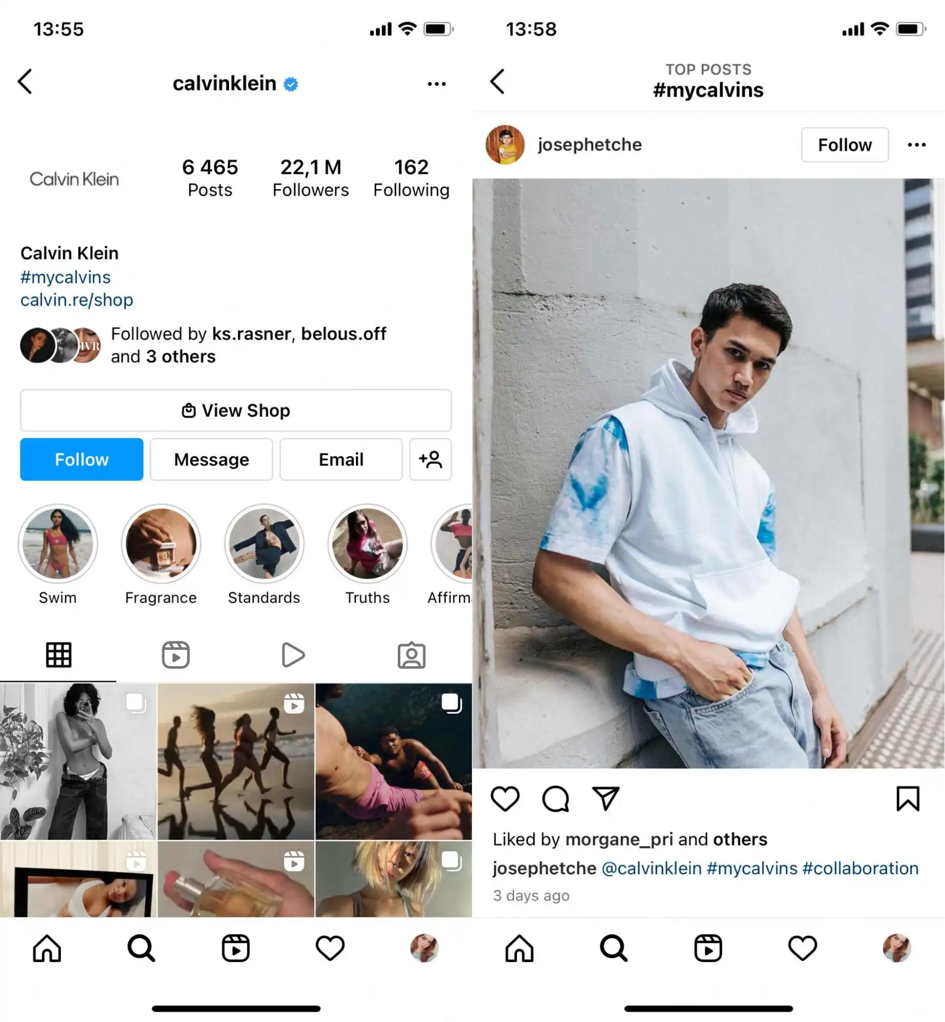 Instagram page of Calvin Klein