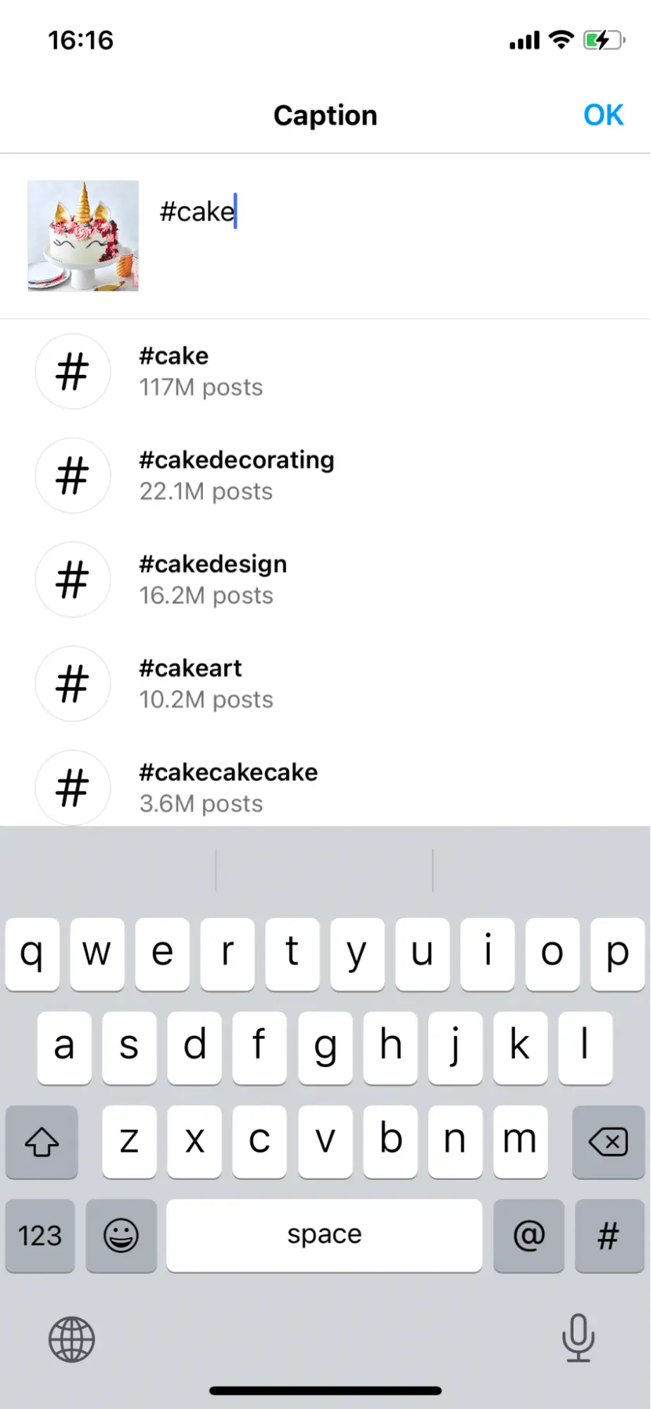 Screenshot shows adding hashtag to a post caption
