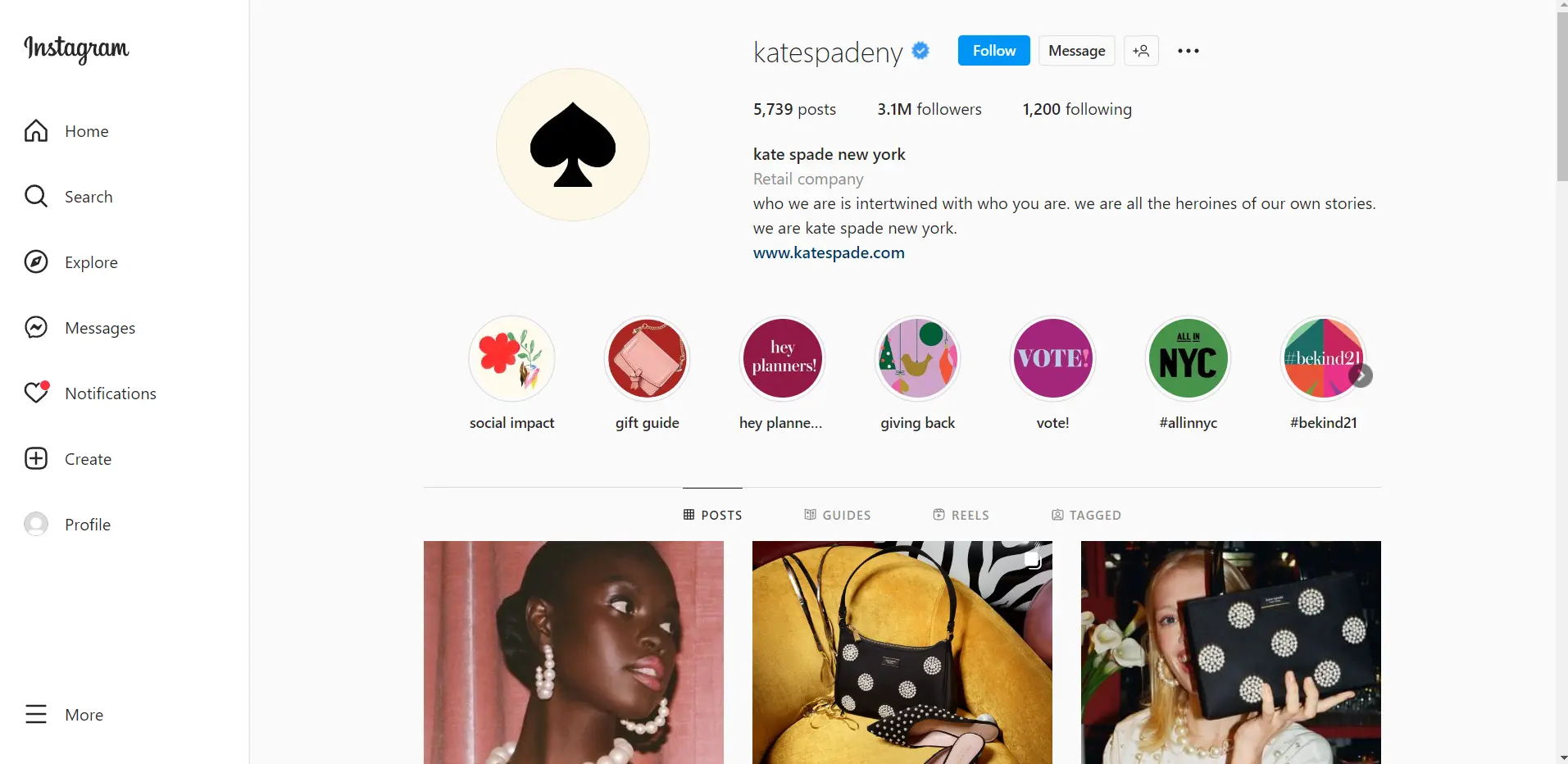Kate Spade New York Instagram page