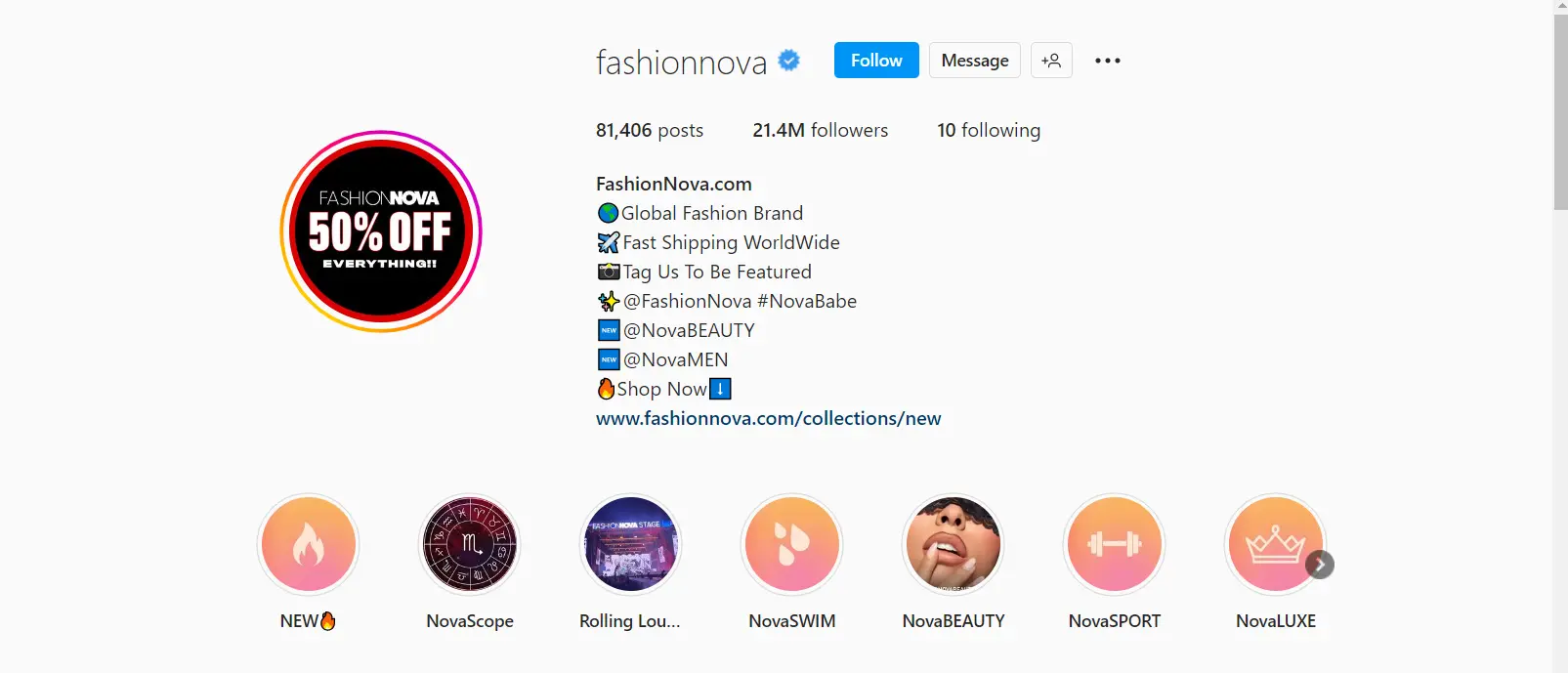 Fashionnova Instagram Page