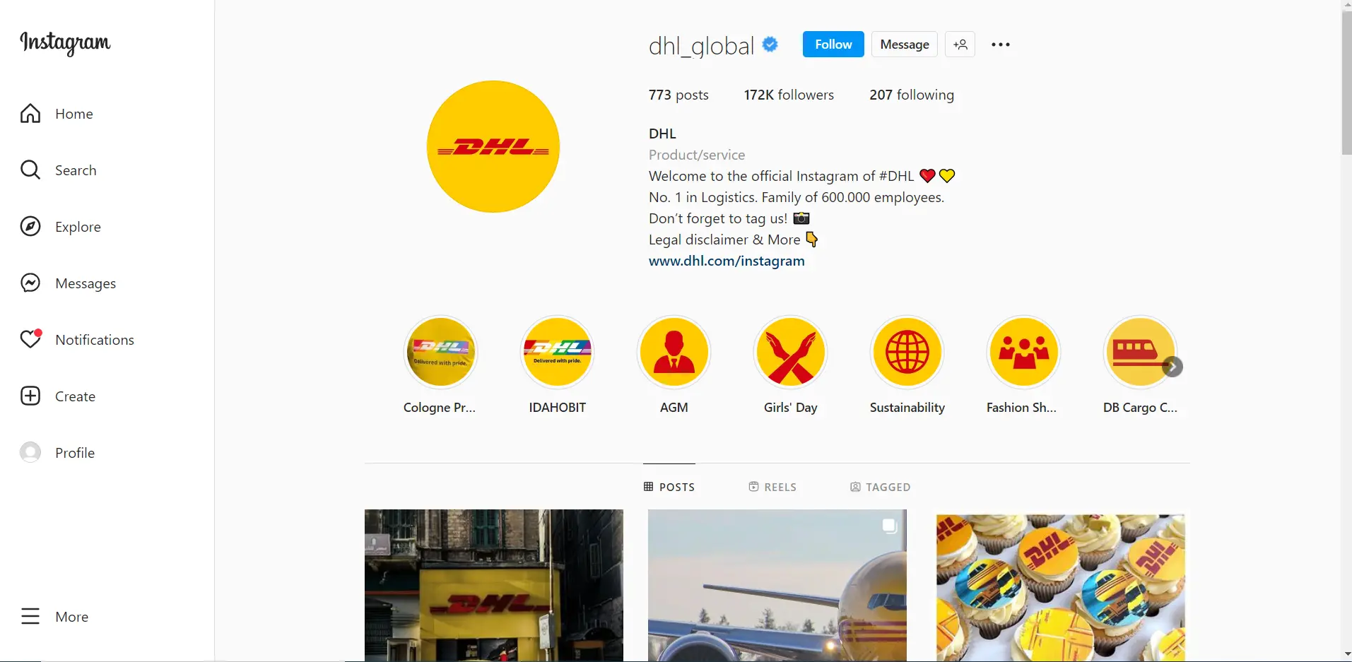 DHL global Instagram page